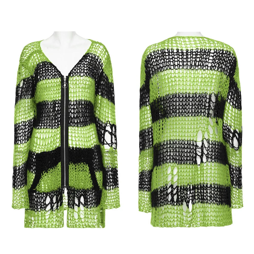 Punk Rave Shredded Green and Black Striped Cardigan