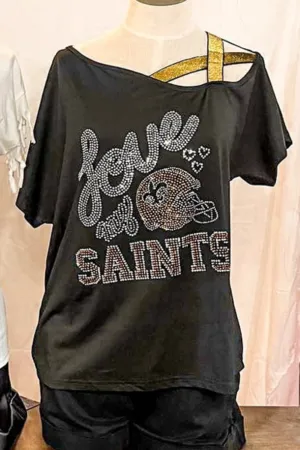 RHINESTONE LOVE MY SAINTS SHOULDER DETAIL TOP