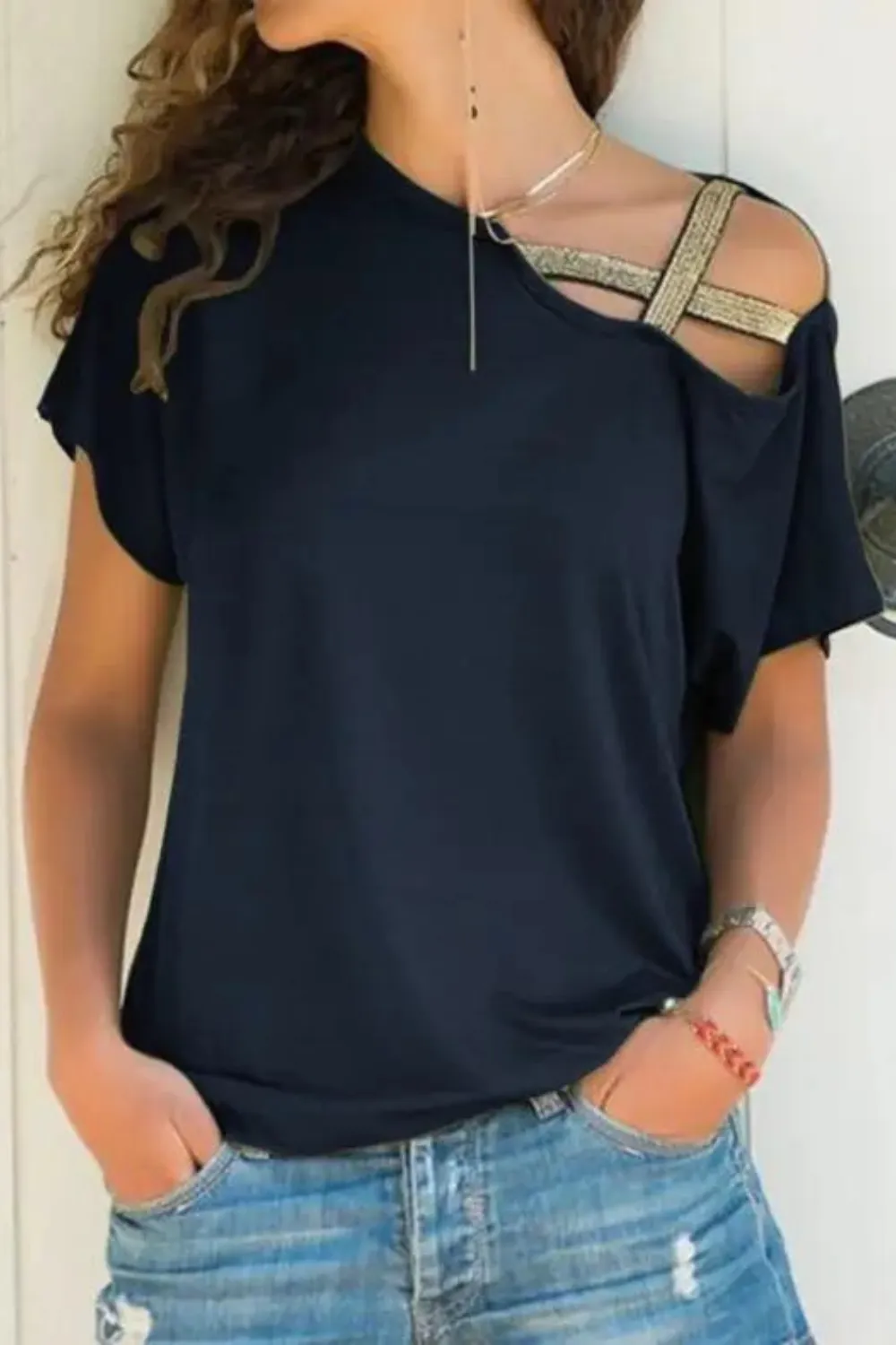 RHINESTONE LOVE MY SAINTS SHOULDER DETAIL TOP
