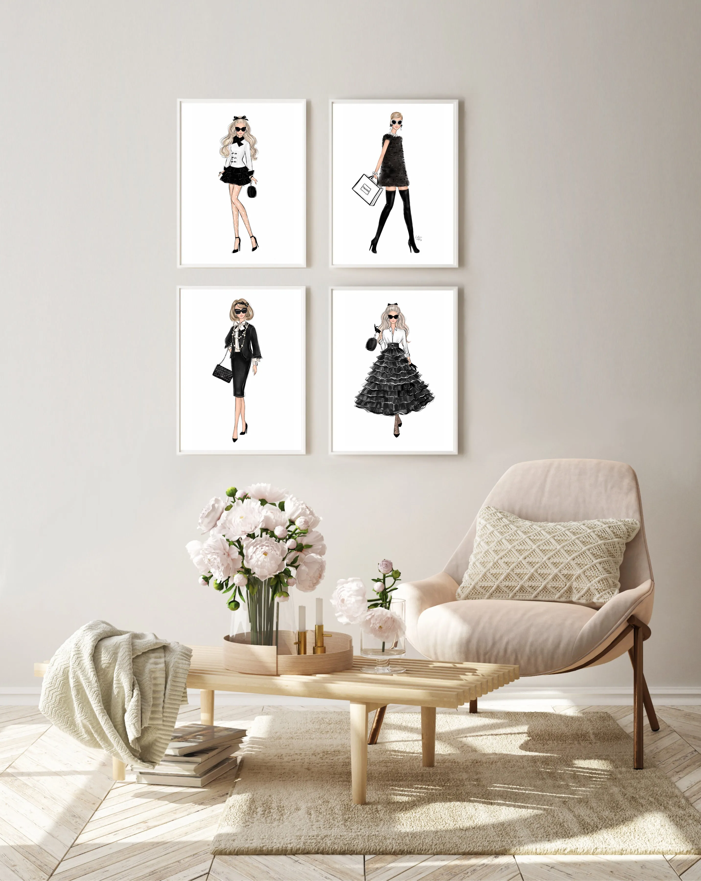 SET OF 4 ART PRINTS girly fashion illustrations in black and white tones