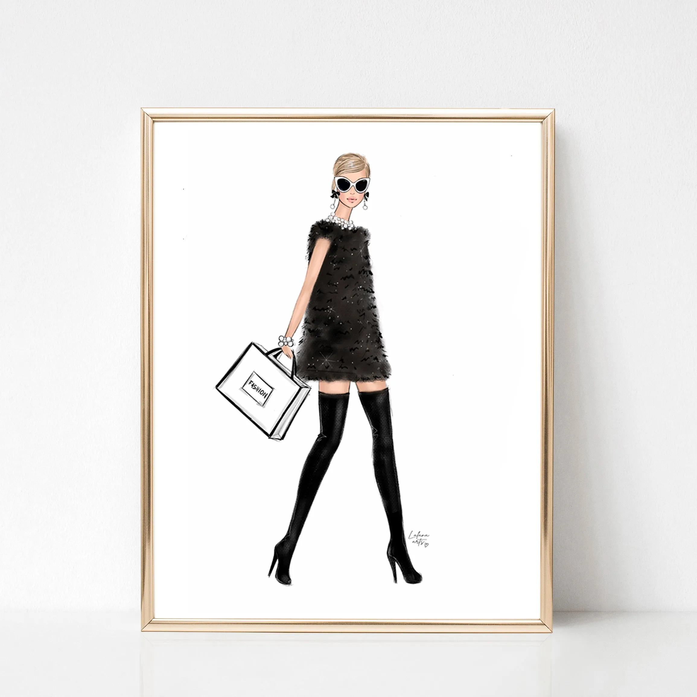 SET OF 4 ART PRINTS girly fashion illustrations in black and white tones