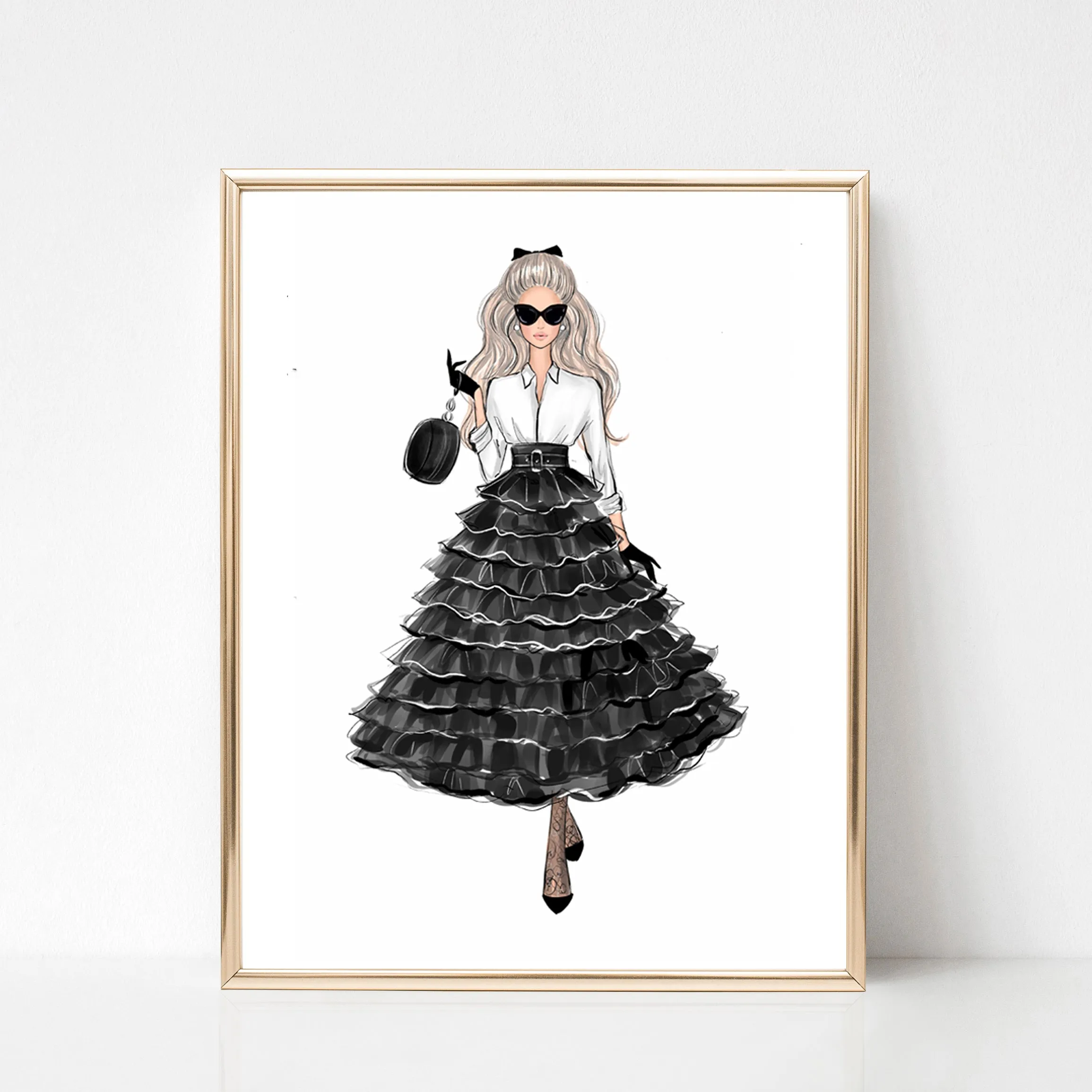 SET OF 4 ART PRINTS girly fashion illustrations in black and white tones
