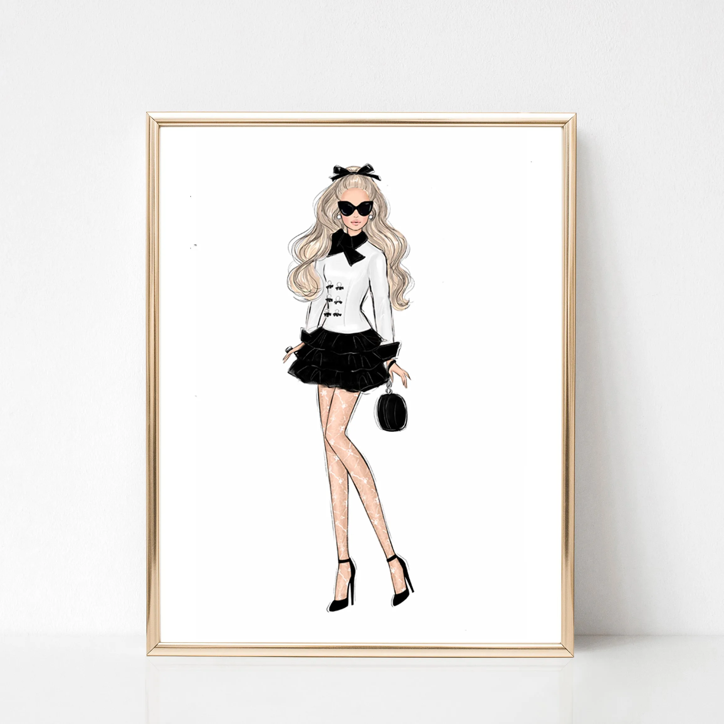 SET OF 4 ART PRINTS girly fashion illustrations in black and white tones