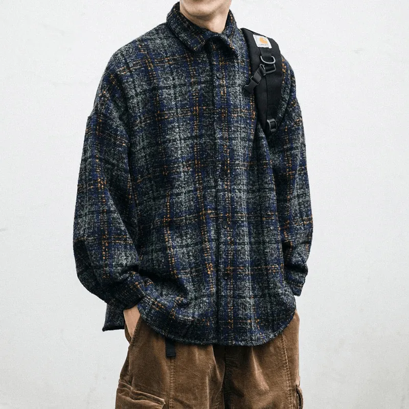 Thick Woolen Plaid Shirt for Men / Casual Buttons Long Sleeves Clothes