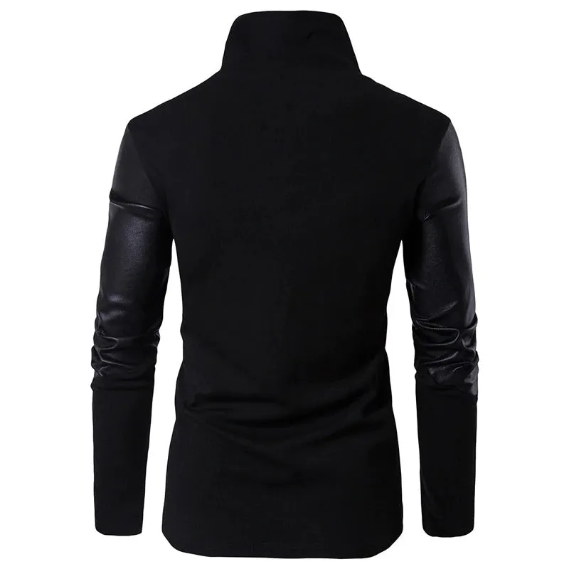 Turtleneck Sweater for Men in Alternative Fashion Clothes / PU Leather Sleeve Design Cardigans