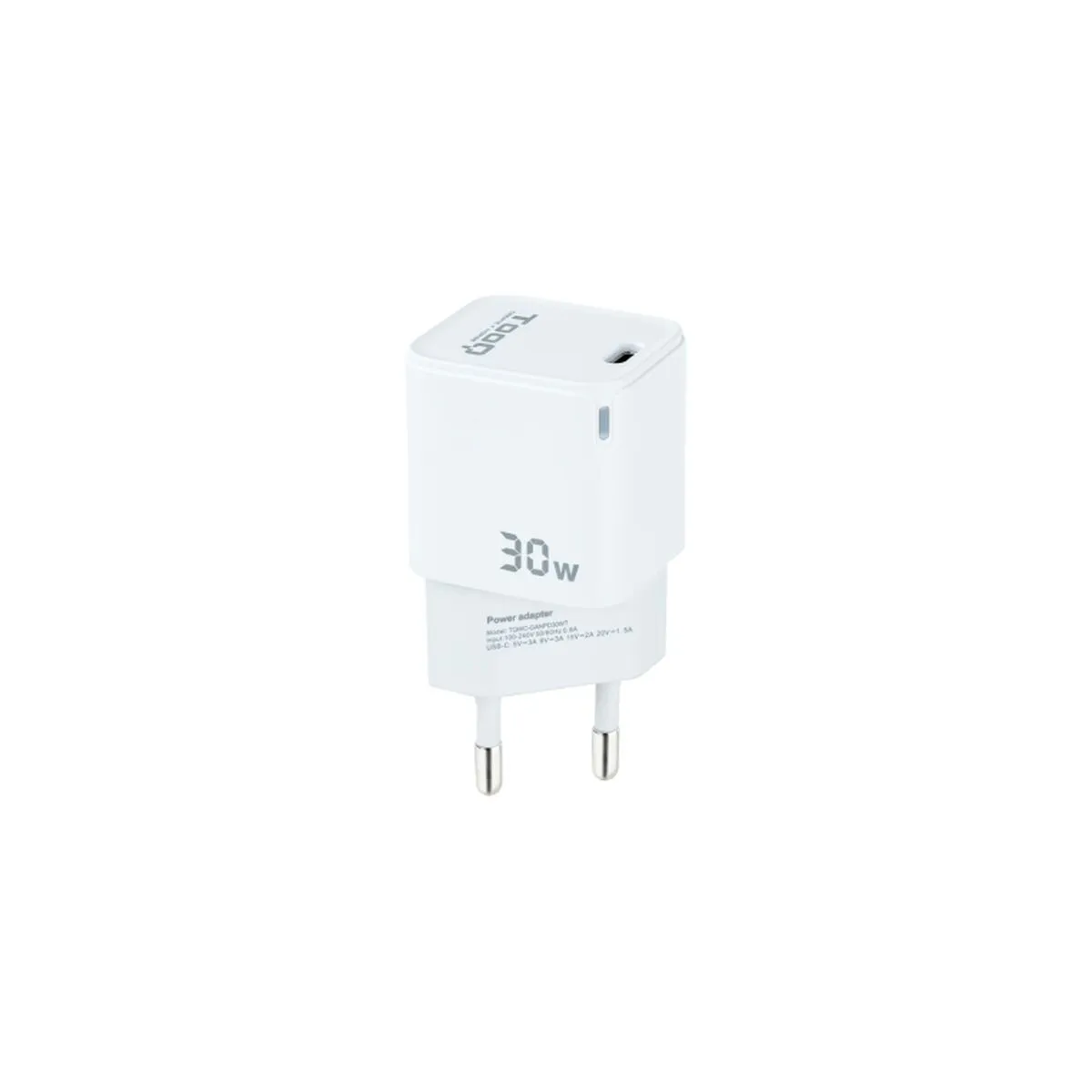 Wall Charger TooQ Cargador de Pared GAN USB-C/PD 30W, Blanco White 30 W