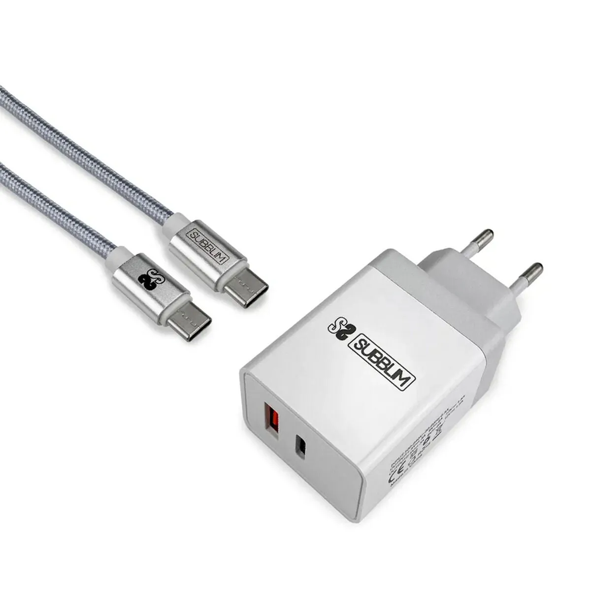 Wall Charger   USB A to USB C Cable Subblim CARGADOR ULTRA RAPIDO 2xUSB DE PARED PD18W 2.4A   Cable C to C Blanco